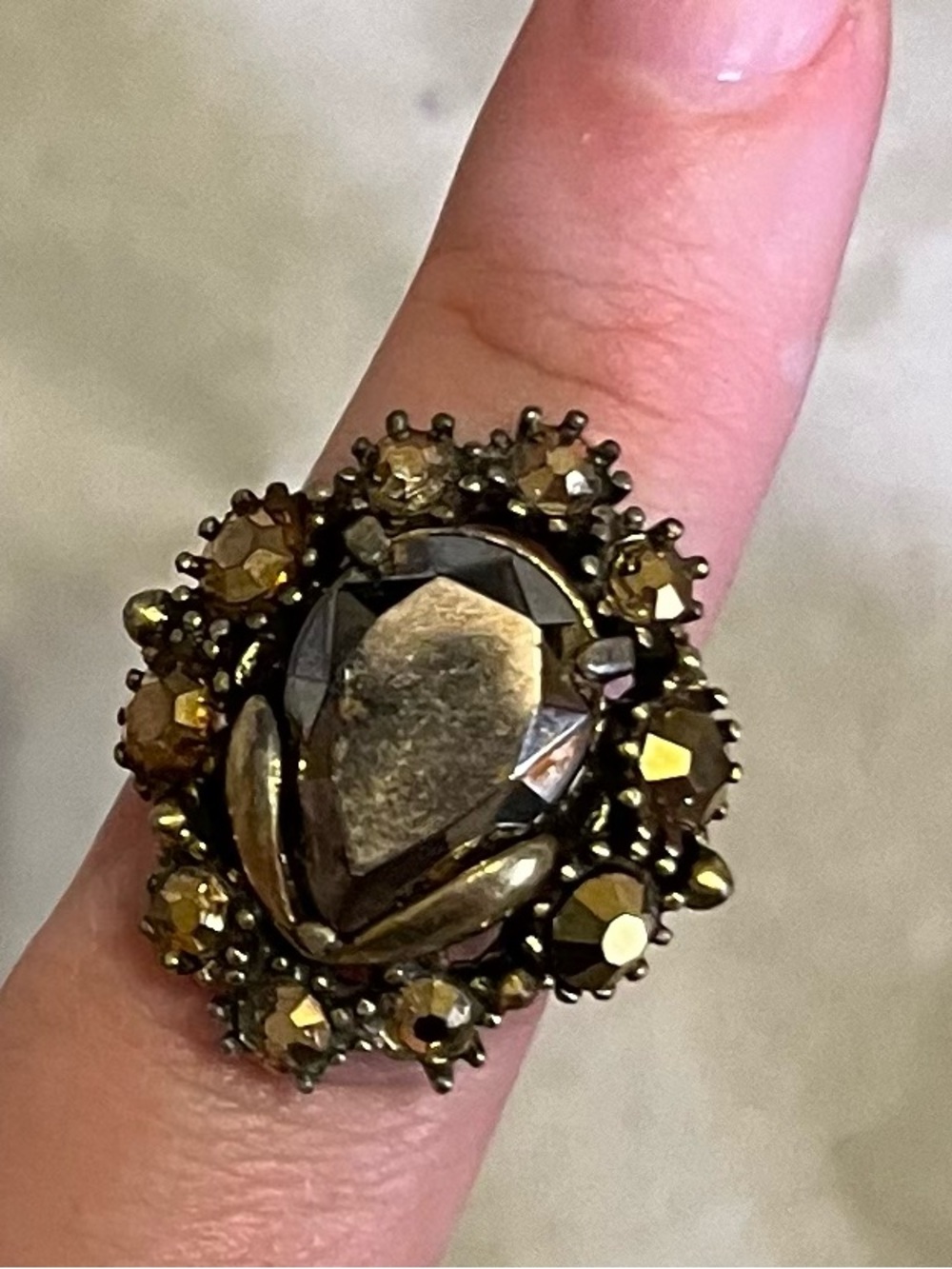 Vintage Hollycraft Ring 1959 Rhinestone High Dome Adjustable Size Gold Tone Ring